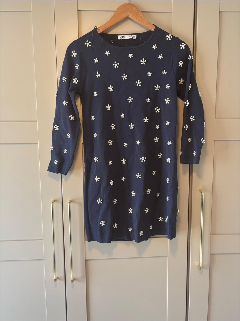 Zara Navy Knit Dress with White Floral Embellishments